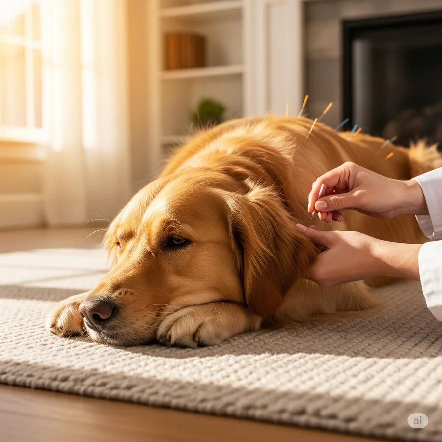 Cão relaxado recebendo acupuntura veterinária no conforto do seu lar.