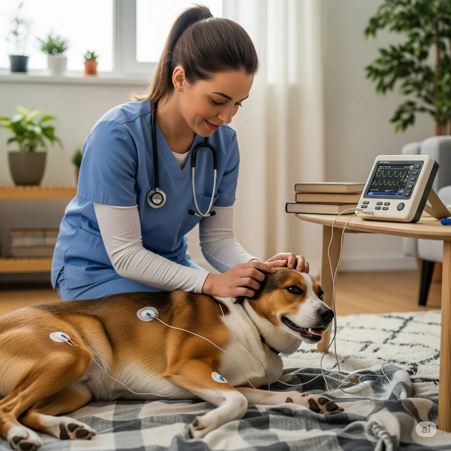 Veterinária realizando um exame de eletrocardiograma em um cão calmo.