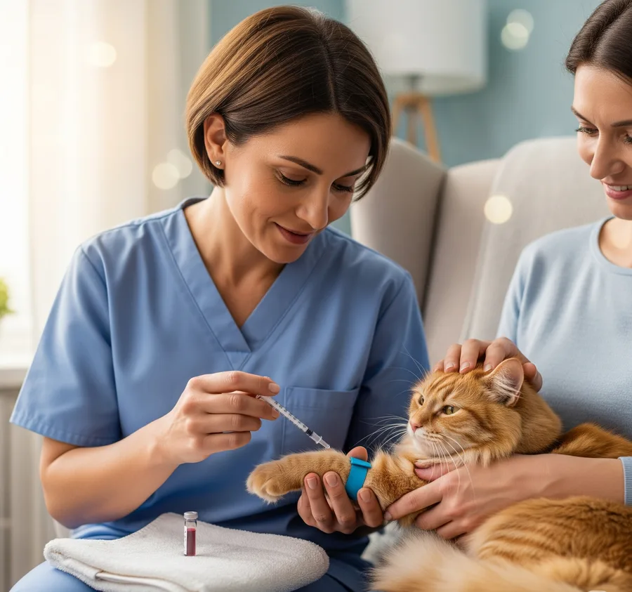 Veterinária realizando coleta de sangue em um gato calmo no colo da tutora.