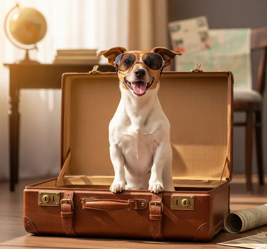 Cachorro da raça Jack Russell Terrier com óculos de aviador em uma mala de viagem.