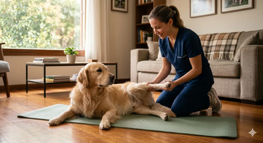 Veterinária realizando exercícios de fisioterapia em um cão golden retriever deitado confortavelmente na sala de estar.