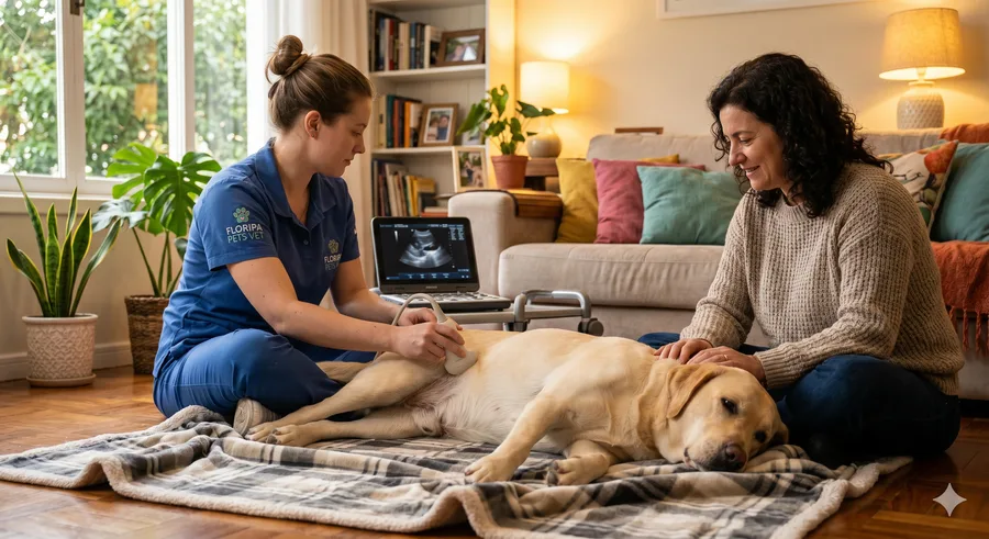 Veterinária realizando ultrassom em um cachorro relaxado deitado em sua caminha no lar.