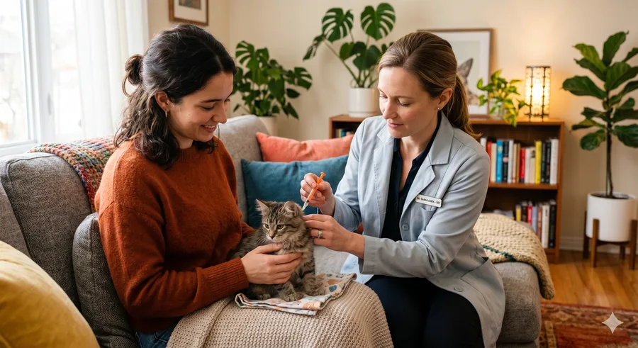 Veterinária aplicando vacina em um filhote tranquilo no colo da tutora em casa.